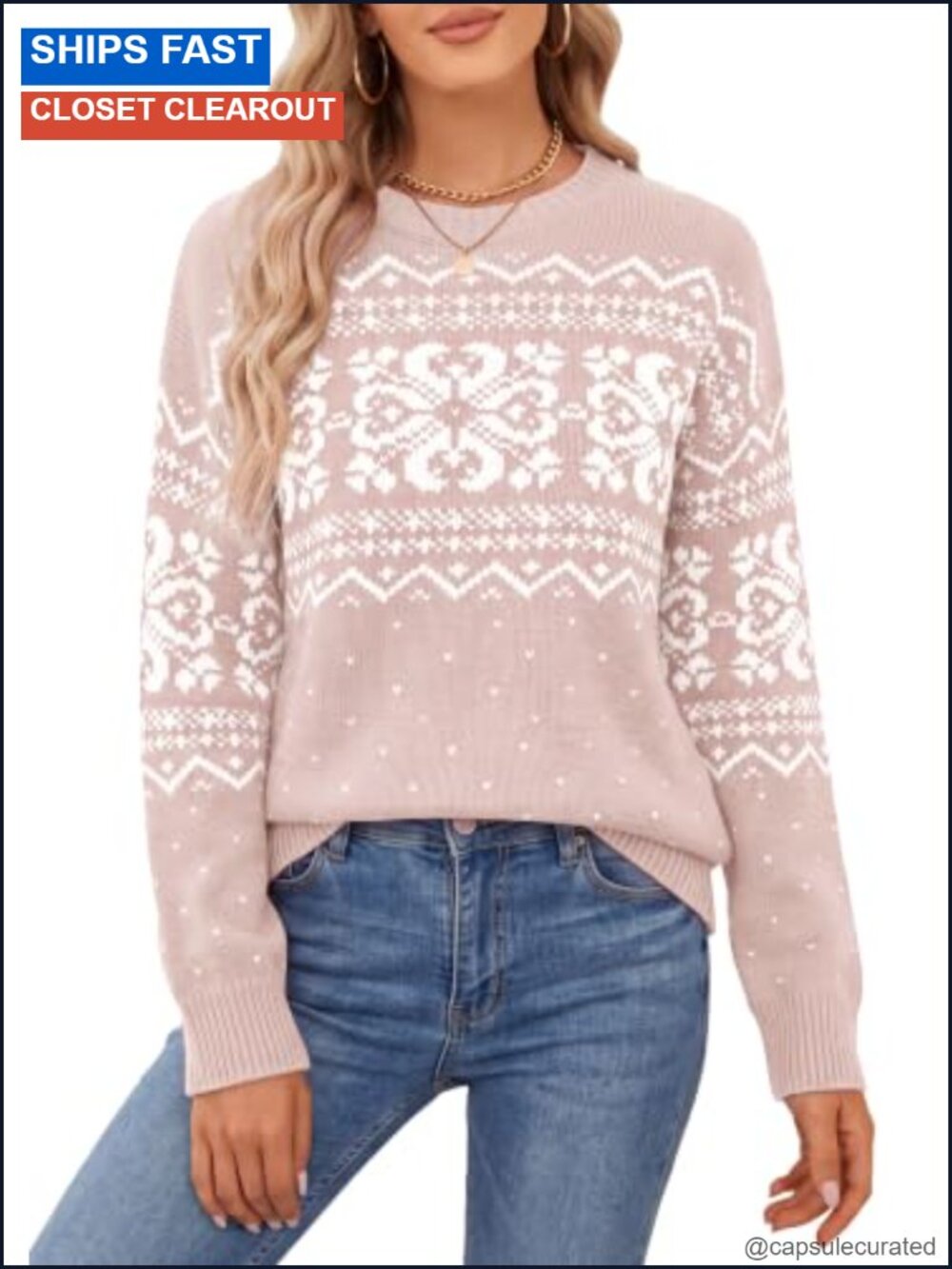 Fair Isle Oversized Pullover Sweater Women Long Sleeve Crew Neck